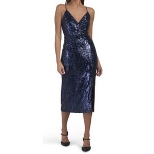 Ramy Brook Leanne Sequin Midi Dress Navy Blue Sz 8 NWT  $565 Sleeveless